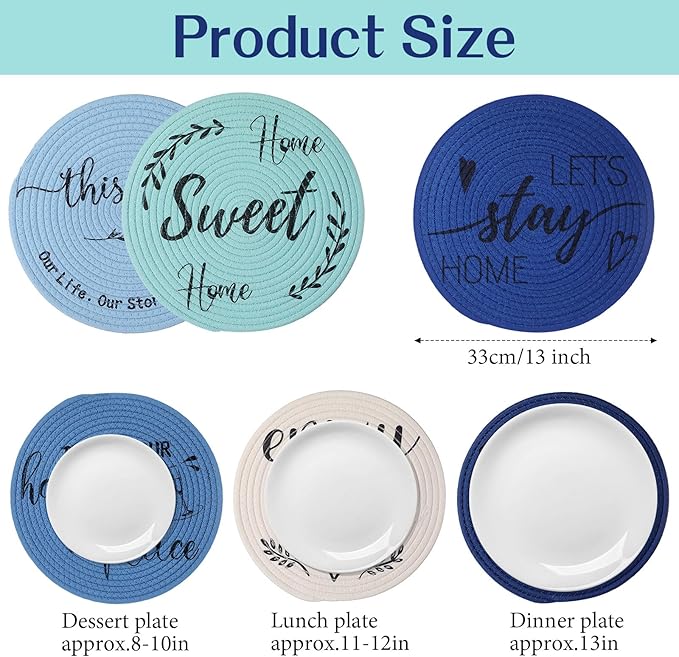 13 Inch Round Cotton Placemat Set of 6 Woven Boho Coasters Table Mats Dining Table Setting Decor Washable Heat Resistant Farmhouse Circle Place Mats for Home Accessories(Blue)