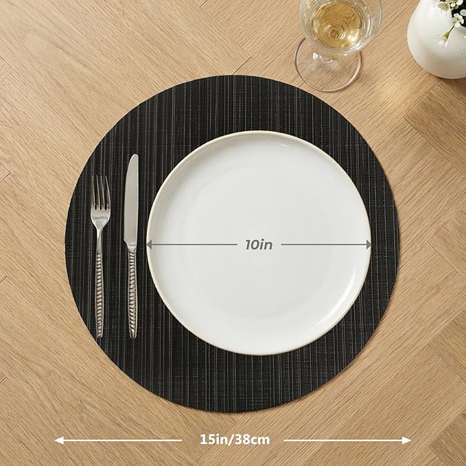 AHHFSMEI Round Placemats Set of 6 Woven Vinyl Non-Slip Heat Resistant Stain Resistant Easy Clean Place mats for Dining Table(Black)