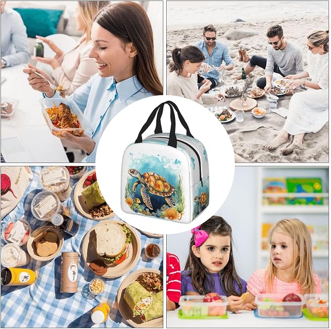 Insulated Lunch Bag Sea Turtle Ocean Watercolor, Leakproof Lunch Tote for Work School, Reusable Lunch Box Cooler for Adults Students, Compact Lunch Bag for Office College Picnic