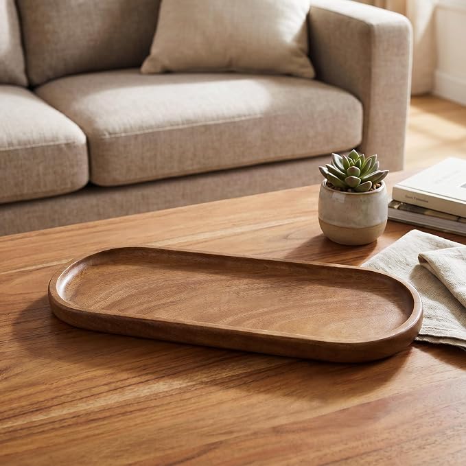 TJ POP Acacia Wooden Tray - 11.4” x 4.1” Oval Decorative Tray for Counter, Solid Wood Serving Tray for Coffee Table, Snacks & Drinks, Rustic Serving Platter for Party, Holiday & Everyday Use