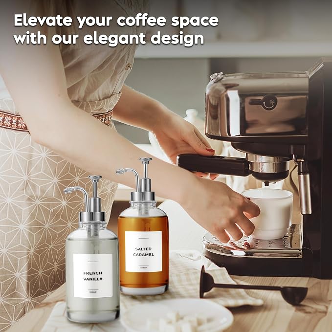 Spaceneat Coffee Syrup Dispenser with Pump - Includes 24 Flavor Labels - Glass Syrup Dispenser for Coffee Bar - Elevate your Beverage Station with 16.9 fl oz Flavoring Container Bottles, 4pcs, Silver