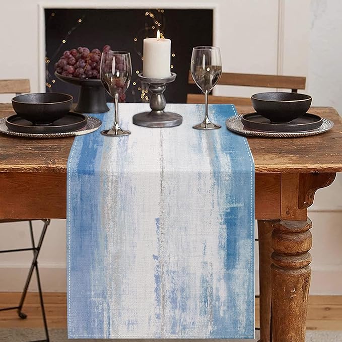 Emvency Farmhouse Table Runner, Blue and Grey Abstract Art Painting for Kitchen Coffee Table Family Dinners Holiday Parties Wedding Events Decor(13x72 inch)