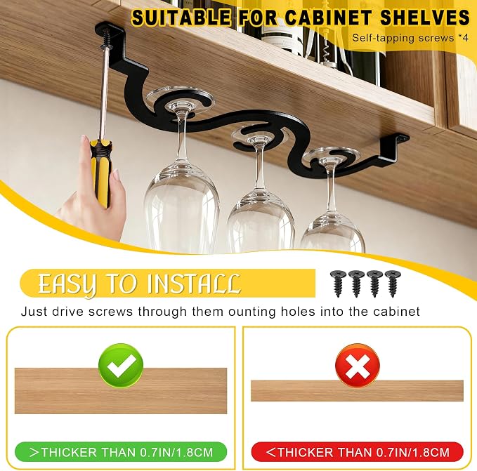 2-Pack Black Under Cabinet Wine Glass Rack – Space-Saving Stemware Holder for Kitchen & Bar, Fits Glasses with Body Diameter Under 4.1 Inches, 15.35 Inch Hanging Wine Glass Holder