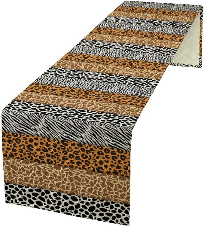 Leopard Print Table Runner, Wild African Savannah Animal Spotted Floral Leopard Animal Fur Table Decor Table Top Dining Kitchen Wedding Party 13x60 Inch