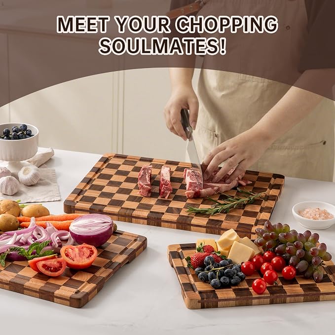 Wooden Cutting Board Set, Checkered Cutting Boards for Kitchen 3PCS, Walnut Chopping Board with Juice Grooves & Handles, Upgraded Decorative Serving Tray for Meat Vegetable Fruit, with Gift Box