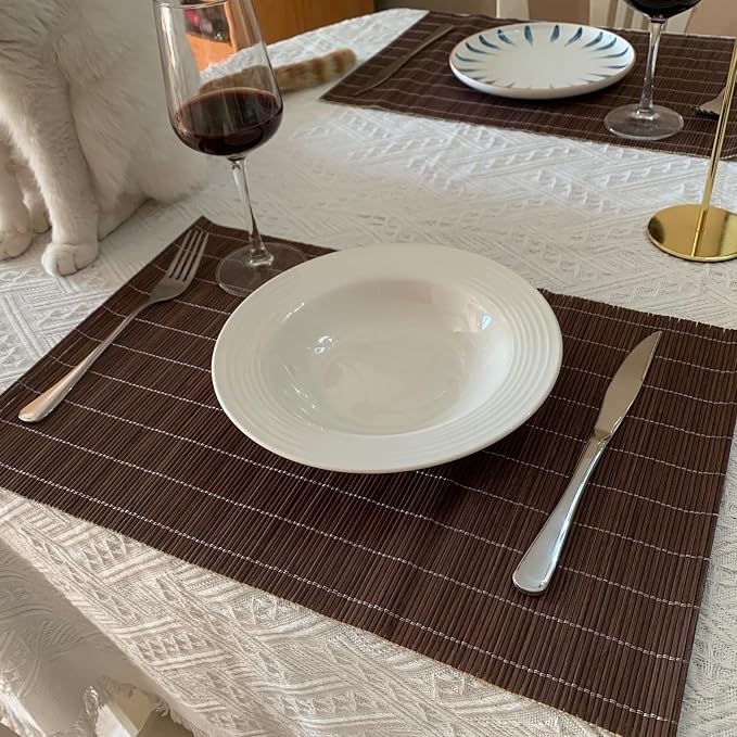 8-Pack Natural Bamboo Placemats Set - Reusable Rectangular Heat Resistant Table Mats for Everyday Use, Camping, Picnics, Party Decor - Easy to Clean & Store, Lightweight (Coffee)