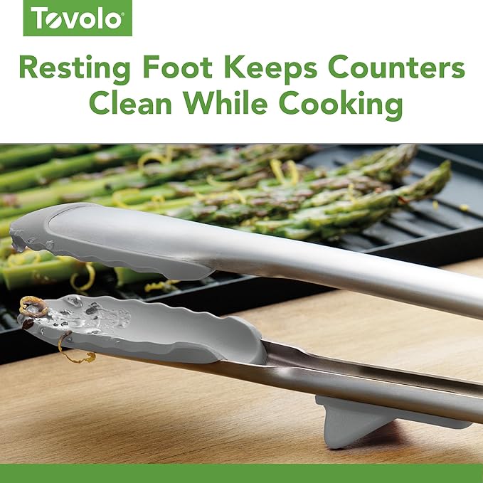 Tovolo Tip Top Tongs, Easy-Grip Kitchen Tongs for Cooking With Silicone Tips, Easy Locking Mechanism, Cooking Utensil With Resting Foot, Heat-Resistant & BPA-Free Silicone Tips, Oyster Gray