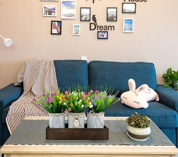 CALAVAK Decorative Centerpiece Wooden Tray with 3 Metal Potted Artificial Babys Breath Gypsophila Plant Flowers Rustic Country Farmhouse Décor for Dining Room, Living Room and Kitchen Table