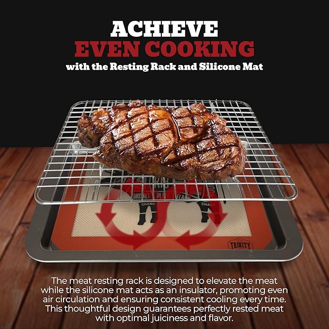Trinity Provisions Small Meat Resting Pan - With Wire Rack and Silicone Baking Mat - Dishwasher and Oven Safe Stainless Steel, for Cooking and Cooling Steak, BBQ, Bacon, & More