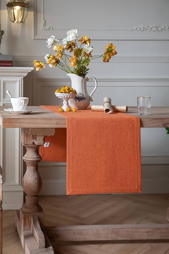 ZeeMart Burlap Style Farmhouse Table Runners 48 Inches Long, Burnt Orange Rustic Woven Dining Fall Table Runner for Everyday Use, 14x48 Inches, Harvest Pumpkin