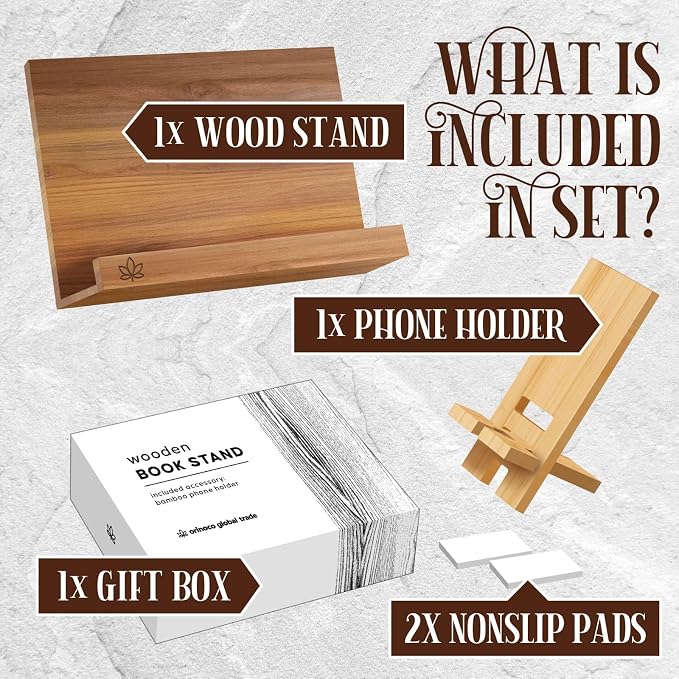 Acacia Cookbook Stand for Kitchen Counter – Adjustable Wooden Recipe Book Holder for Cookbooks, Recipe Binders & Tablets | Foldable Wood Book Stand with Bamboo Phone Holder | Gift-Ready Kitchen Set