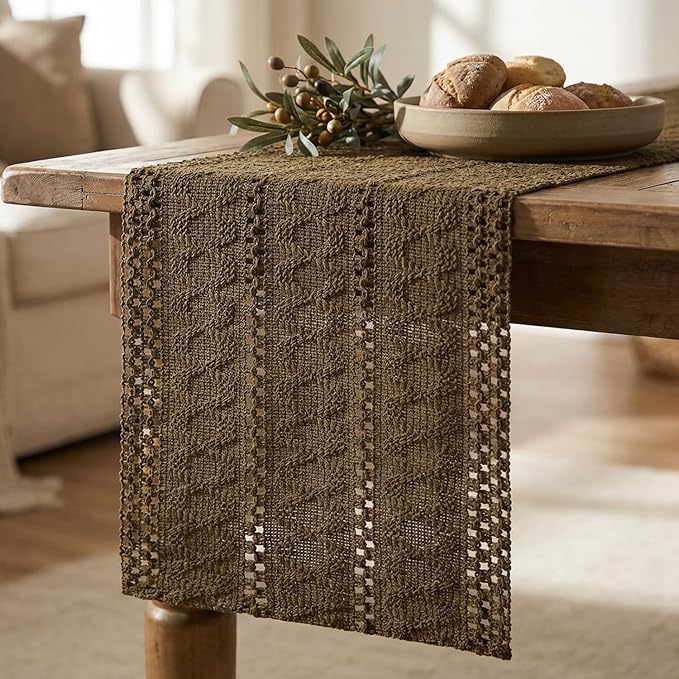 Artoid Mode Light Coffee Farmhouse Woven Rustic Hollow Table Runner, Seasonal Holiday Hollow Kitchen Dining Table Decoration for Home Party Decor 12x36 Inch