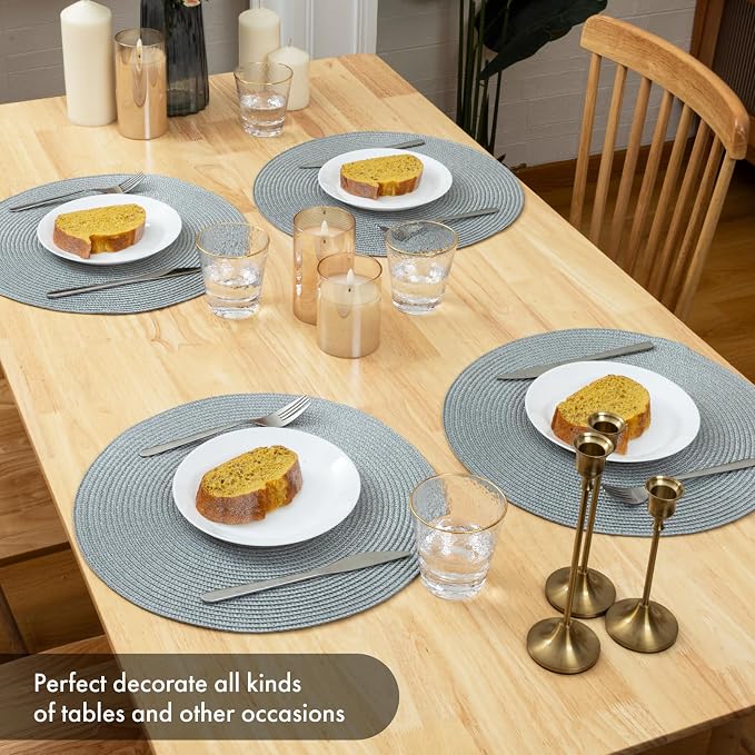 Winknowl Round Braided Placemats Set of 6 Washable Woven Heat Resistant Table Mats for Kitchen Dining Tables 15 inch Round Place Mats (Light Gray,6pcs)