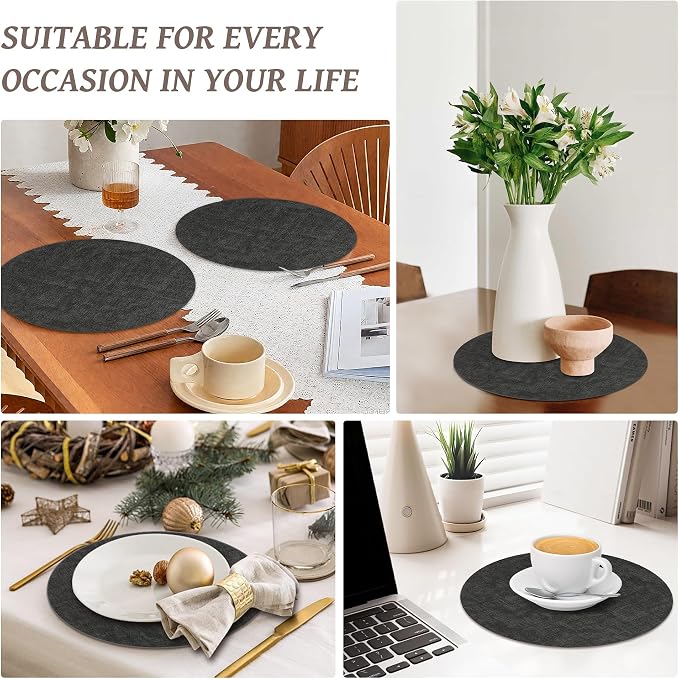 13" Round Placemats Set of 12, Reversible Faux Leather Heat Resistant Table Mats, 100% Waterproof Oilproof Wipeable Table Protective Placemats for Vinyl, Washable for Indoor (12, Deep Gray)