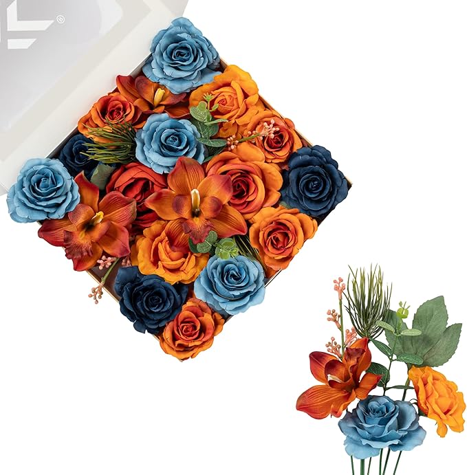 FANKO Artificial Flowers for DIY, Dusty Blue Navy Burnt Orange Faux Flowers Bouquet, Fake Rose Lily Silk Flowers for Vase, Home Decor, Celebrations, Summer Wedding, Rustic Events, Party