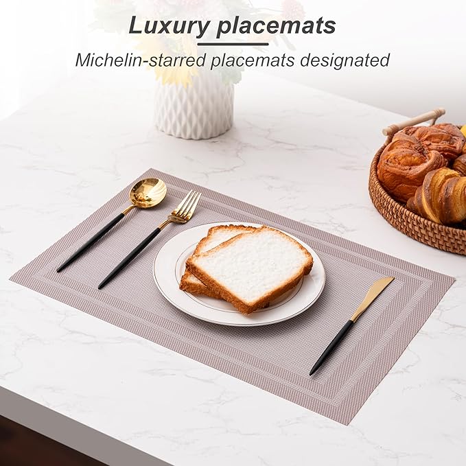 CADONO Placemats Set of 6 Washable Indoor/Outdoor Vinyl Place Mats for Dining Table Durable Non-Slip Heat Resistant PVC Weave Table Mats（Simple Style-Silver-Gray）