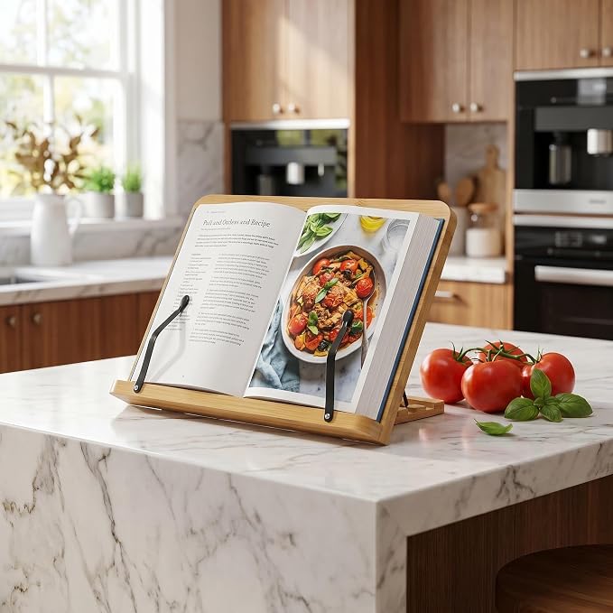 Solid Wood Book Stand – Hands-Free Cookbook & Recipe Book Holder for Kitchen Counter, Tablet Stand, Desktop Music Stand Bible Stand, Cook Book Stand, Stylish Kitchen Counter Decor & Plate Display