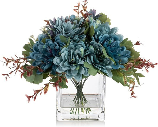 ENOVA FLORAL Mixed Artificial Daisy Floral Arrangements with Vase, Table Centerpieces for Dining Room, Silk Daisy in Glass Vase with Faux Water for Home Decor, Wedding Centerpieces (Blue)