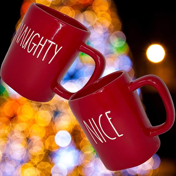 RAE DUNN RED NAUGHTY OR NICE MUG SET - Artisan Collection BY MAGENTA – 2 Pack – 1 Red Naughty Mug and 1 Red Nice Mug – Which one are you?