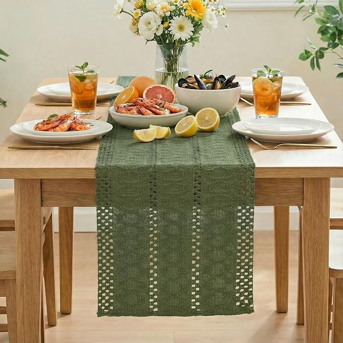 Artoid Mode Army Green Farmhouse Woven Rustic Hollow Table Runner, Seasonal Holiday Hollow Kitchen Dining Table Decoration for Home Party Decor 12x90 Inch