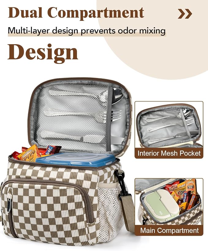 Insulated Lunch Bag for Men & Women, 9L Leakproof Lunch Box Soft Cooler Tote with 5 Pockets, 600D Oxford, EVA Lining, Adjustable Strap for Work, Picnic, Beach&Travel-Corduroy Khaki Checkered