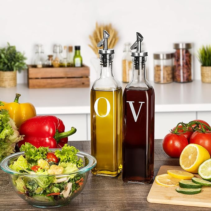 GREENOLIVE Olive Oil and Vinegar Dispenser Set - 17 oz. Glass Bottles with No-Drip BPA-Free Spouts - Stylish O and V Identifiers for Kitchen and Dining Use - Set of 2