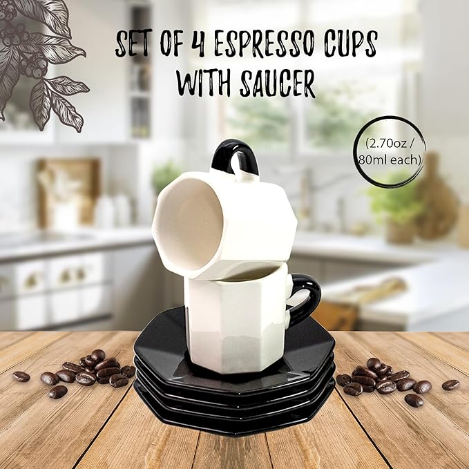 Bacimi® Mini Ceramic Espresso Cups with Saucer - Set of 4/2.7oz / 80ML - Small Drinking Cups with Handle - Dishwasher & Microwave Safe - Modern Italian Inspired Mugs for Coffee, Cocoa