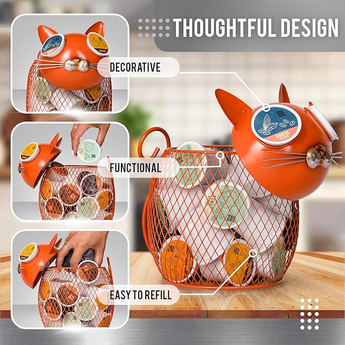 Made Easy Kit Cat Coffee Pod Holder Basket – Metal K-Cup Organizer for Countertop Coffee Bar – Cute Kitchen Décor Storage for Keurig Pods, Creamers & Capsules (25 Pod Capacity)