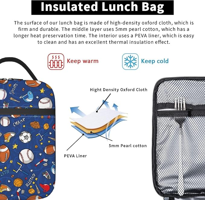 Gianlaima Football Volleyball Basketball Ball Insulated Lunch Box For Women And Man, Portable Lunch Bags Reusable Cooler Tote For Office Work Travel Picnic Camping Beach