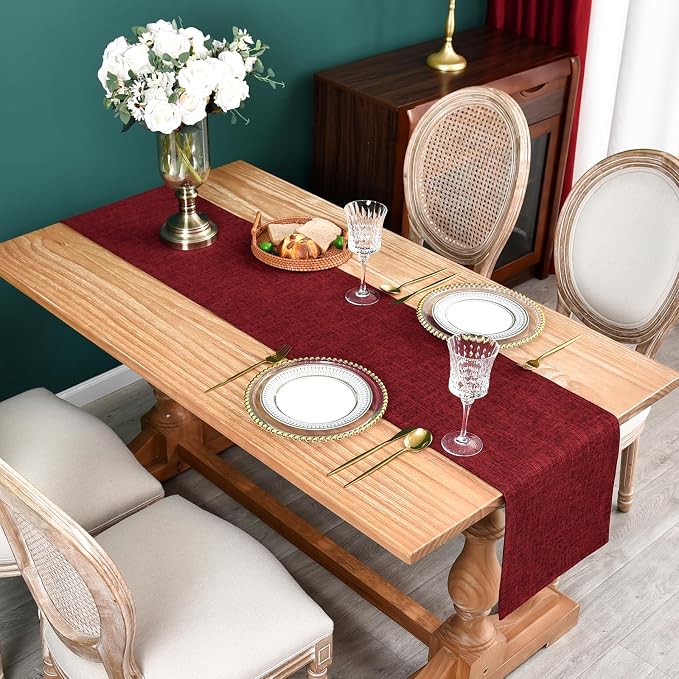 Farmhouse Rustic Faux Linen Table Runner Neutral Burgundy Table Runners Double Layer Reversible Rectangle Runners for Daily Use Kitchen Dining Banquet Holiday 13x72 Inch