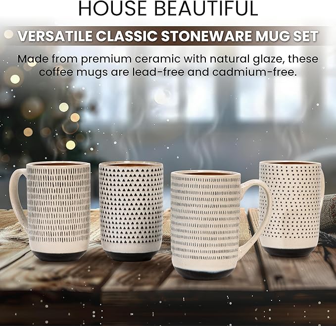 House Beautiful Versatile Modern Stoneware Mug Set - 19.5 oz, Set of 4 (Metro Mornings)