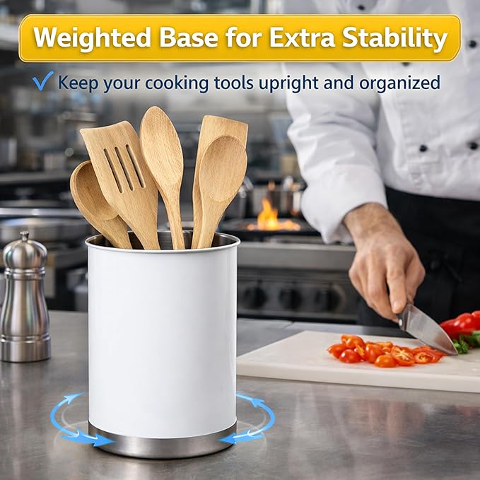 Creative Home Stainless Steel Utensil Holder– 6.3" Large Cooking Tool Organizer for Kitchen Decor and Countertop Storage, Stable Anti-Tip Design, Durable Powder-Coated Finish, White