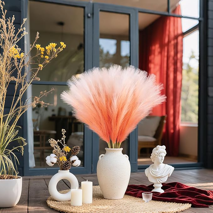 TORONTOKYO 8Pcs Orange Faux Pampas Grass Tall Decor, 35.4” Fluffy Artificial Pompous Grass Branches, Large Pampas Grass Reed Stems for Floor Vase Filler, Wedding, Baby Shower, Home Boho Fall Decor