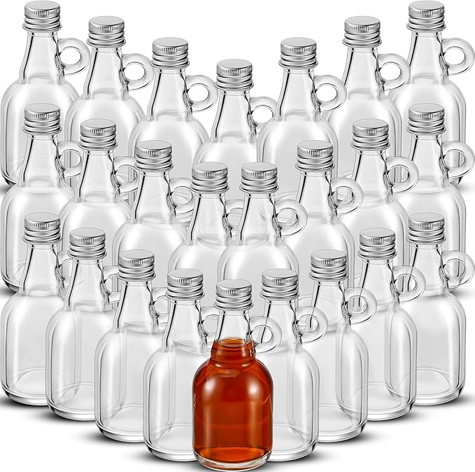 Suclain 24 Pcs 1.7oz Mini Glass Syrup Bottles Small Syrup Jars with Loop Handle and Lids Clear Glass Reusable Maple Jars Container Stout Sample Bottle for Potion Juice Milk Storage Sauce Oil