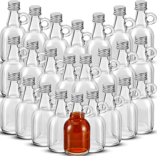 Suclain 24 Pcs 1.7oz Mini Glass Syrup Bottles Small Syrup Jars with Loop Handle and Lids Clear Glass Reusable Maple Jars Container Stout Sample Bottle for Potion Juice Milk Storage Sauce Oil