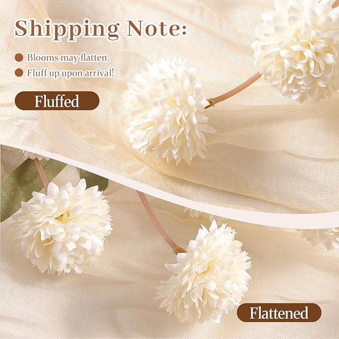 Alupssuc 16PCS Faux Silk Pompon Mums Artificial Flowers with Eucalyptus, Fake Chrysanthemum Floral for DIY Vase Arrangement, Long Stem Dining Table Centerpiece Home Decor, White