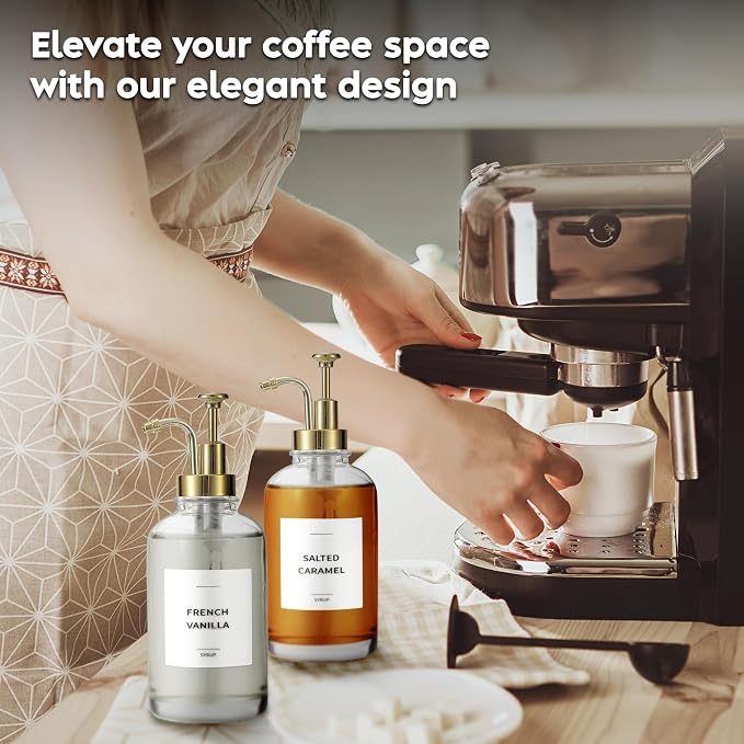 Spaceneat Coffee Syrup Dispenser with Pump - Includes 24 Flavor Labels - Glass Syrup Dispenser for Coffee Bar - Elevate your Beverage Station with 16.9 fl oz Flavoring Container Bottles, 2pcs, Gold | with Pump