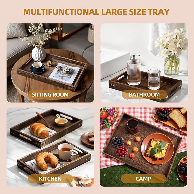 Serving Tray with Handles,15.8"x 11" Wood Decorative Tray for Living Room, Modern Coffee Table Tray, Square Large Serving Platters for Home Decor, Ottoman, Bed, Kitchen, Bathroom, Breakfast, Bar