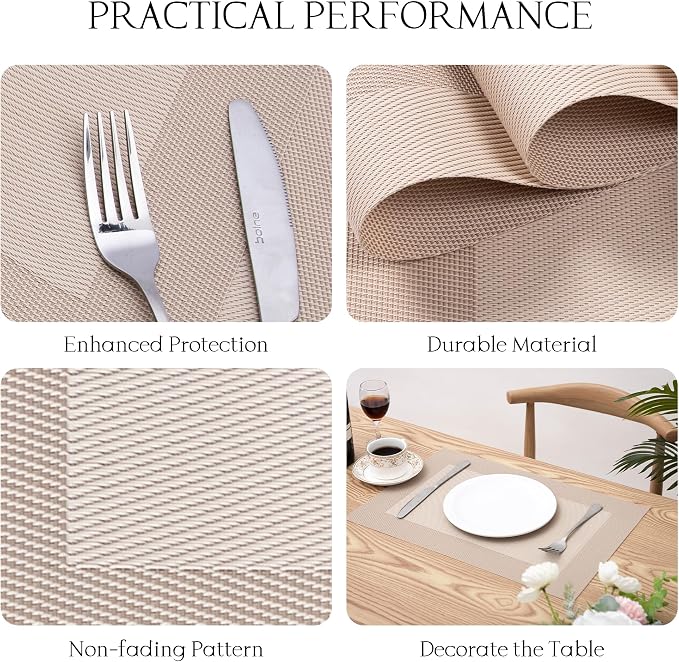 Placemats Set of 6-Heat Resistant Non-Slip Washable Table Mats for Dining Table,PVC Vinyl Woven,12 x 18 inch Beige