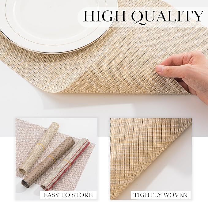 BACKTOEDEN Placemats Set of 6 Heat Resistant Washable Wipeable Placemat Woven Non-Slip Foldable Vinyl/Plastic Place Mats Indoor/Outdoor Mat Kitchen Dining Table Pad, Beige Silver Line