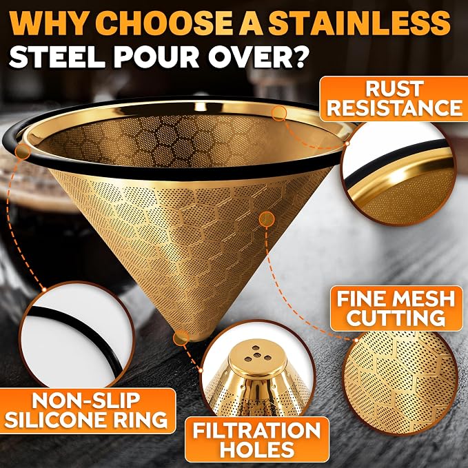 Pour Over Coffee Filter Reusable Stainless Steel - 800 Mesh Gold Cone with Black Ring for Clean, Sediment-Free Brew, Compatible with Hario V60 & Chemex, Paperless Coffee Dripper with Cleaning Brush
