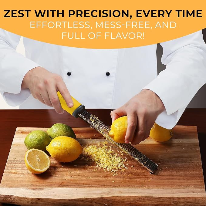 Orblue Lemon Zester & Cheese Grater - Premium Citrus Zester, Kitchen Grater for Parmesan, Chocolate, Fruits, Vegetables, Ginger, Garlic, Nutmeg - Stainless Steel Blades with Protective Cover, Yellow