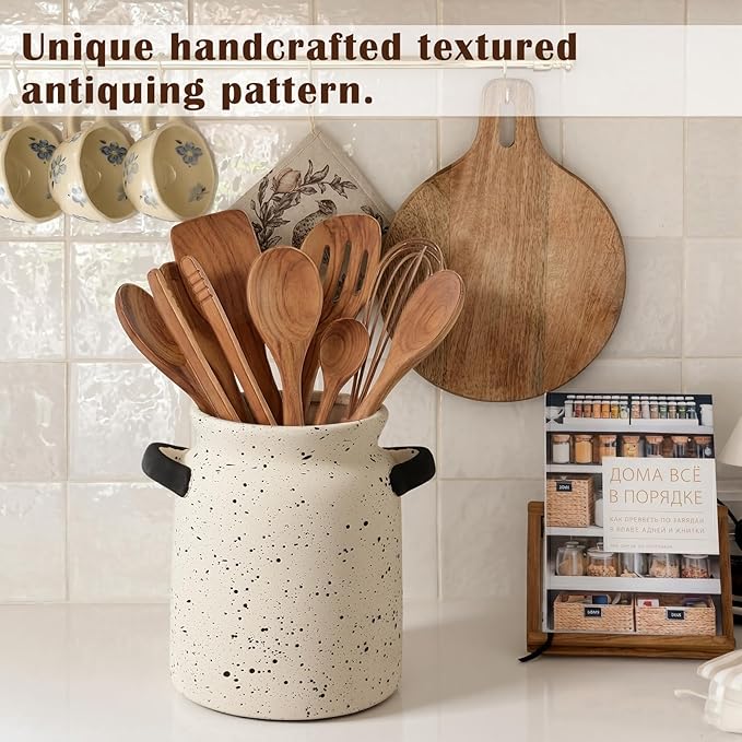 Qinyoung Rustic Kitchen Utensil Holder 6 Inch Small Ceramic Utensil Holder with Handle Vintage Crock Decoration Spatula Organizer for Kitchen Countertop Farmhouse Party Supplies (Beige,Speckled)