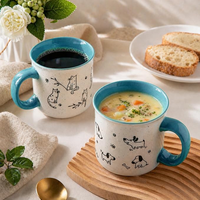 AmorArc 22 OZ Large Ceramic Coffee Mugs Set of 2, Oversized Mugs With Big Handle for Men Women Dad Mom, Big Mug With Textured Dogs Cats Patterns for Office & Home -Microwave Safe, 2 Pcs-Blue