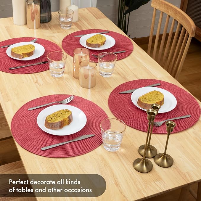Winknowl Round Braided Placemats Set of 4 Washable Woven Heat Resistant Table Mats for Kitchen Dining Tables 15 inch Round Place Mats (Red,4pcs)