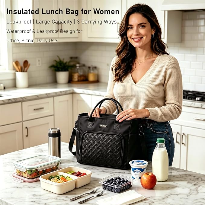 B1jounie YA Large Insulated Lunch Bag for Work, Women's Nylon Thermal Lunch Box, Leakproof Cooler Tote Bag with Storage Pocket
