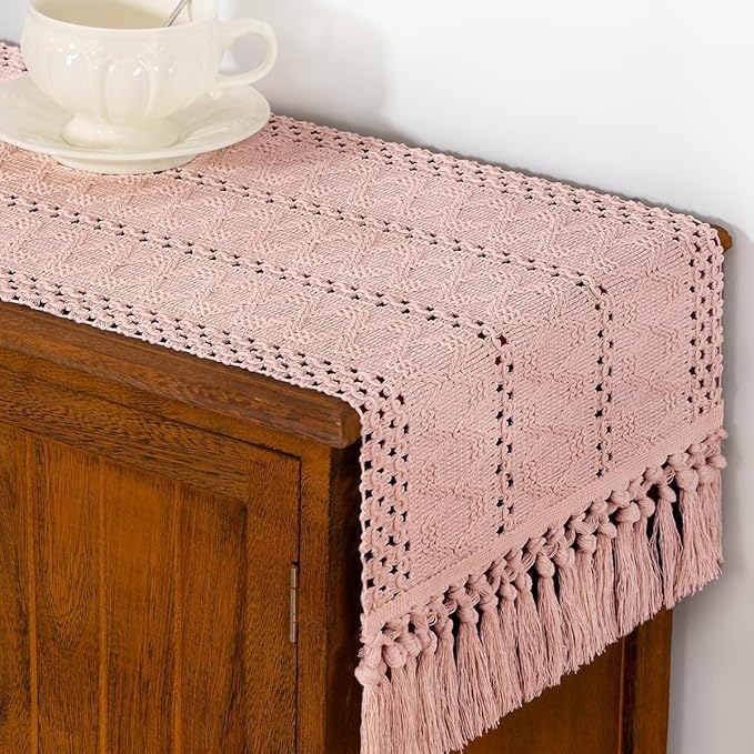 Boho Woven Cotton Linen Table Runner 11"x48" with Tassels Pink Rustic Macrame Farmhouse Table Runner Summer Decor for Summer Dining Room Wedding Kitchen Party