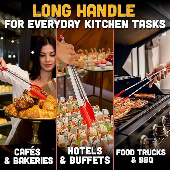 17.3" Extra Long Tongs with Silicone Tip & Stainless Steel Frame — BBQ Tongs for Grilling & Serving, Summer Kitchen Tool for BBQ Steaks, Burgers & Veggies — Outdoor Salad Server with Non-Slip Grip