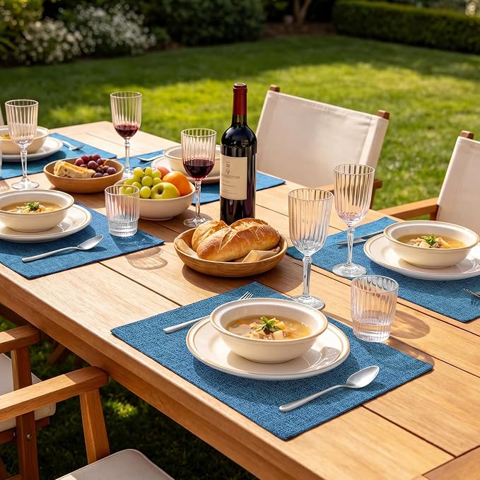 homing Faux Cotton Linen Placemats Set of 6, Cloth Washable Farmhouse Dining Table Mats for Indoors & Outdoors, Easy to Clean, Blue, 13 x 19 Inch