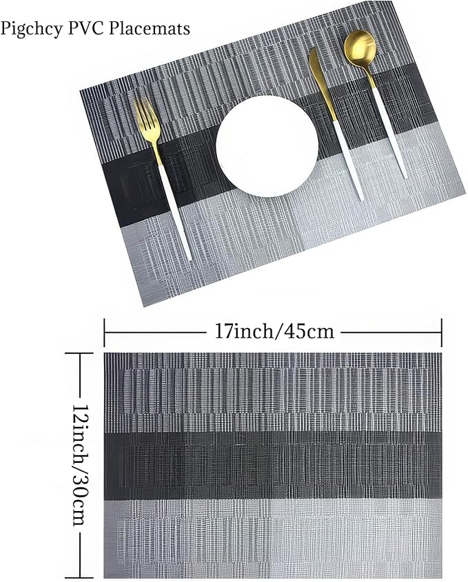 Wipeable PVC Vinyl Woven Table Placemat,Set of 6,Heat-Resistant Dining Mats for Kitchen, Indoor Outdoor Use,12×17 Inch,Silver Gray Gradient